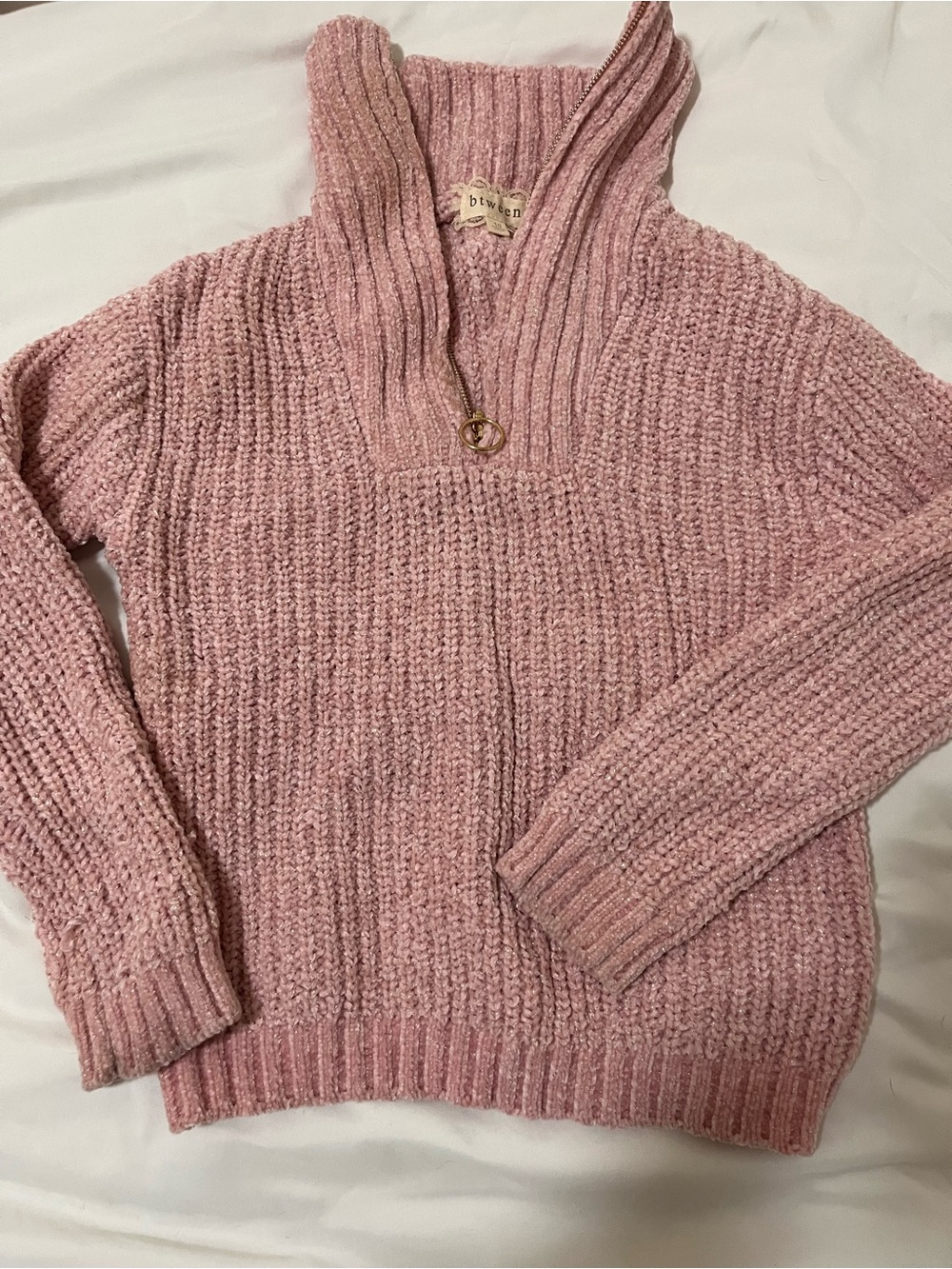 btween Plush Pink Chenille Quarter-Zip Turtleneck Sweater